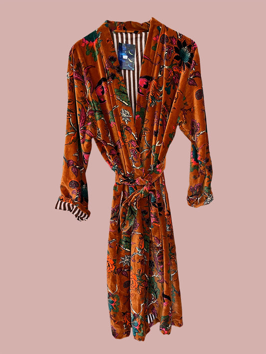 Kimono/jakke velour / Orange & røde & grønne motiver