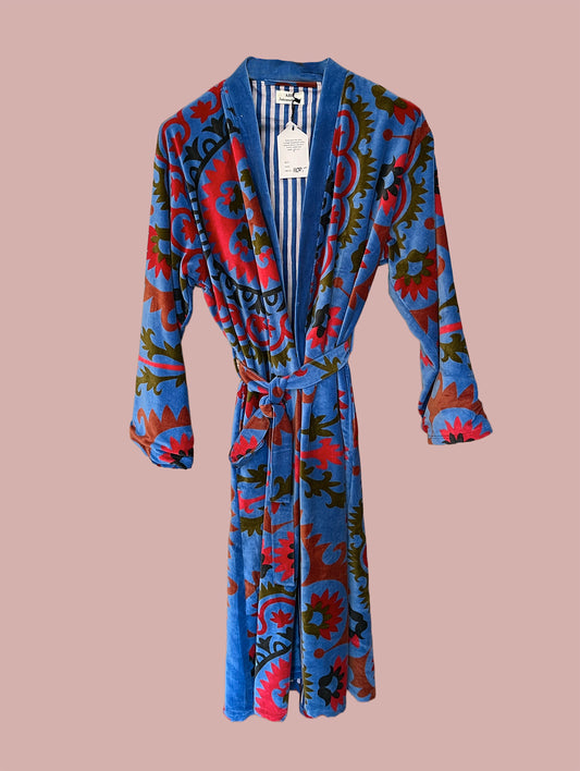 Kimono/jakke velour / Blå  & røde & grønne motiver
