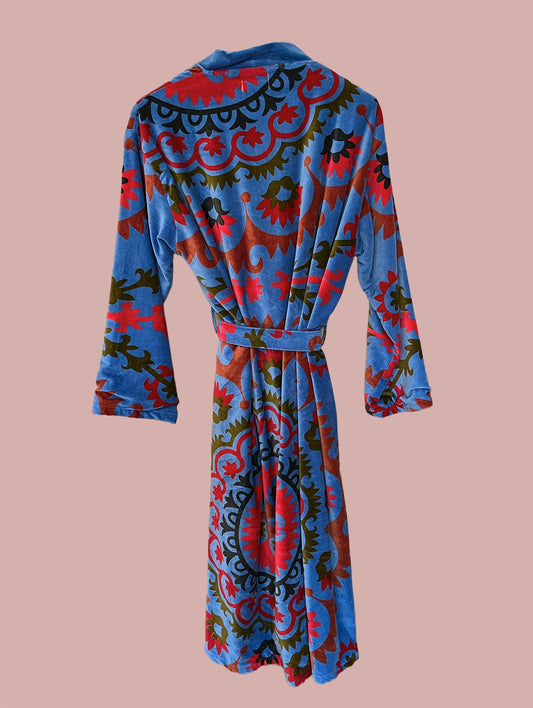Kimono/jakke velour / Blå  & røde & grønne motiver