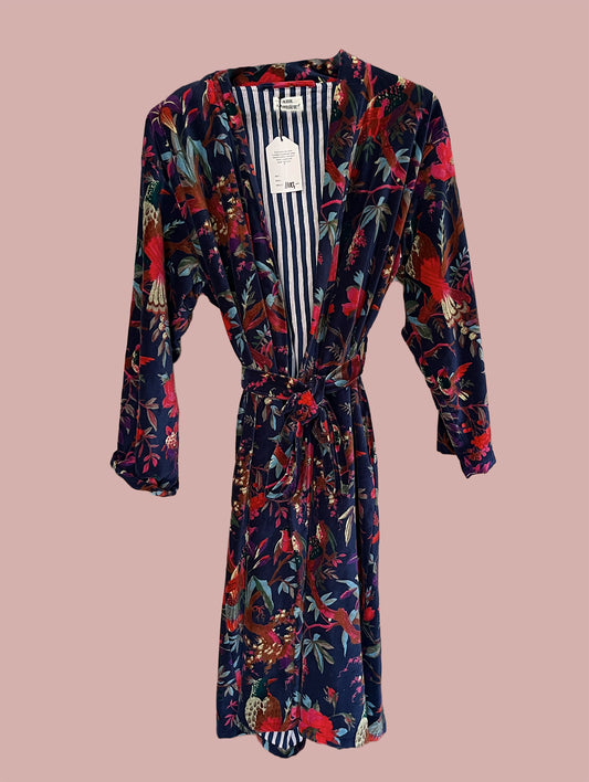 Kimono/jakke velour / Mørkeblå  & røde & turkise motiver