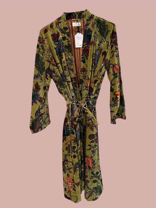 Kimono/jakke velour / Grøn & røde  motiver