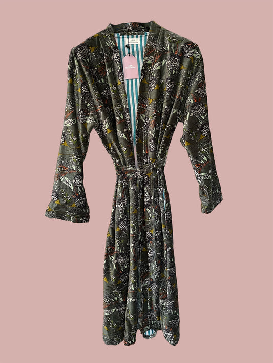 Kimono/jakke velour / Grøn & hvide & gule motiver