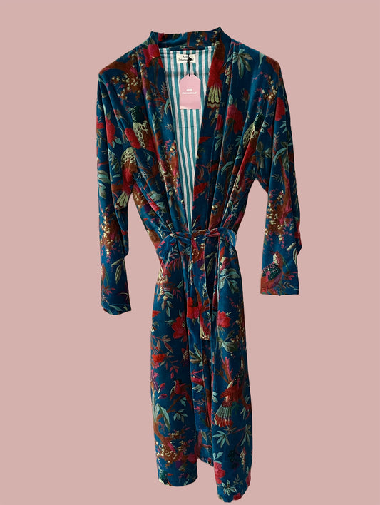 Kimono/jakke velour / Blå & røde & grønne motiver