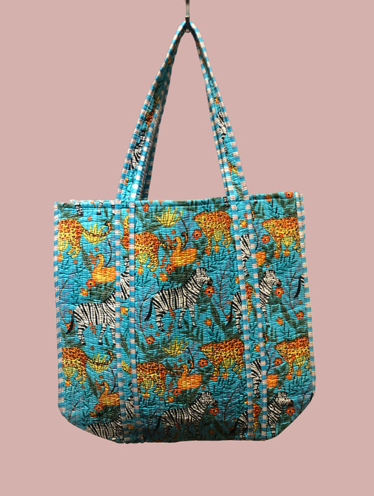 Tote bag / strandtaske, turkish med gule, grønne og hvide motiver