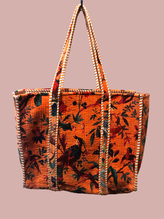 Tote bag / strandtaske, orange med mørke motiver