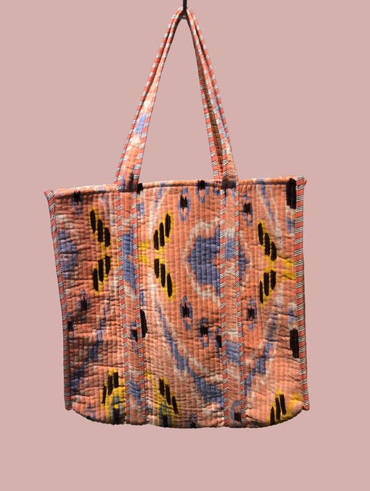 Tote bag / strandtaske, orange med hvide, gule og blå motiver