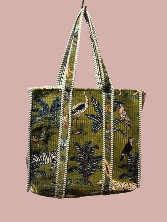Tote bag / strandtaske, grøn og hvid, med dyremotiver