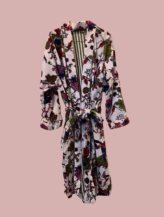 Kimono / jakke velour / Rosa med print i varme farver
