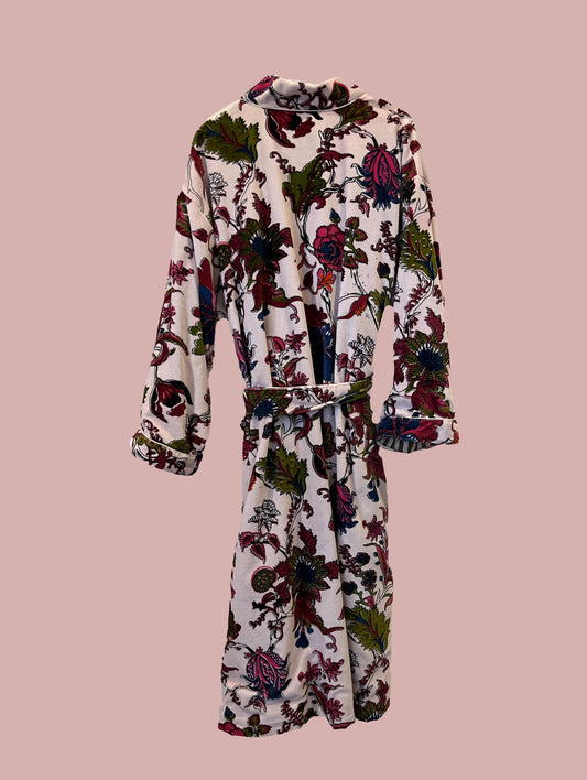 Kimono / jakke velour / Rosa med print i varme farver