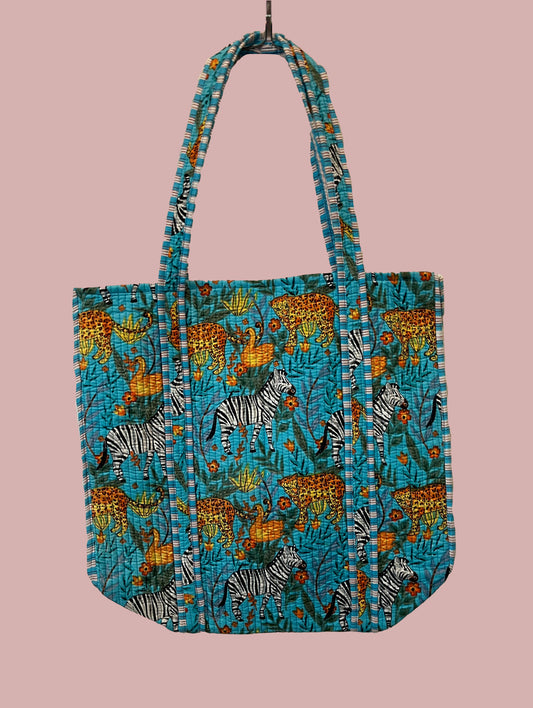 Tote bag / strandtaske, turkis med print i varme farver