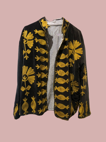 Velour jakke / sort med gule broderier