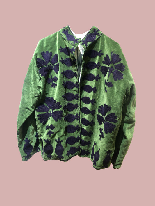 Velour jakke / grøn med mørkeblå broderier
